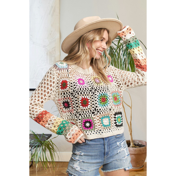 Buy ivory Multi-Color Granny Square Crochet Sweater