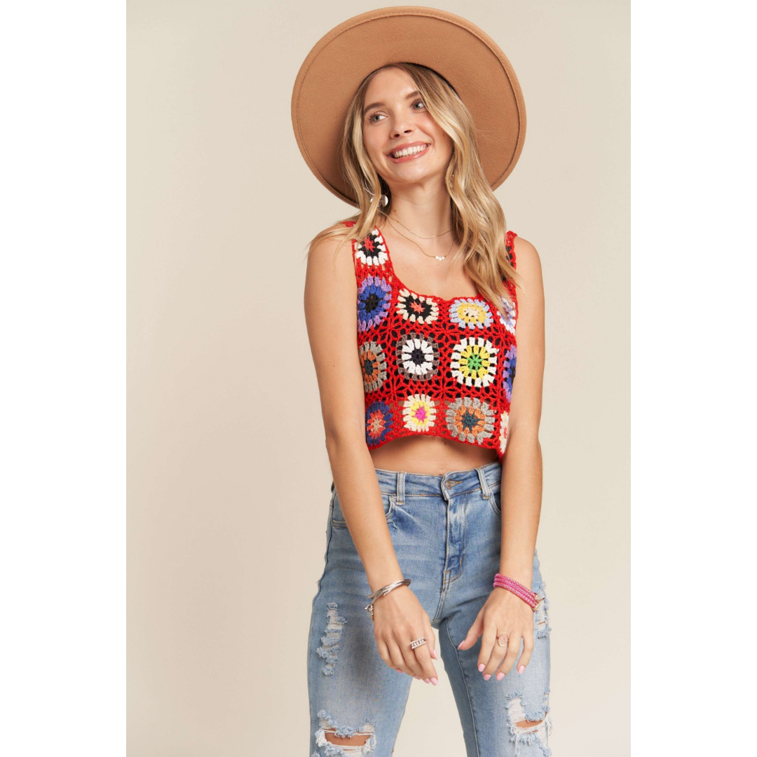 Buy red Multi-Color Crochet Crop Tank Top