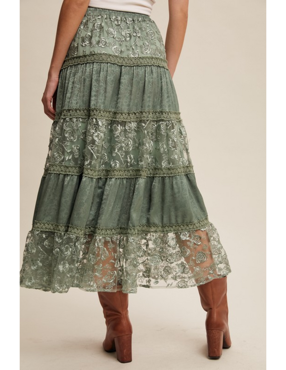 Floral Embroidered Tiered Maxi Skirt with Scalloped Hem
