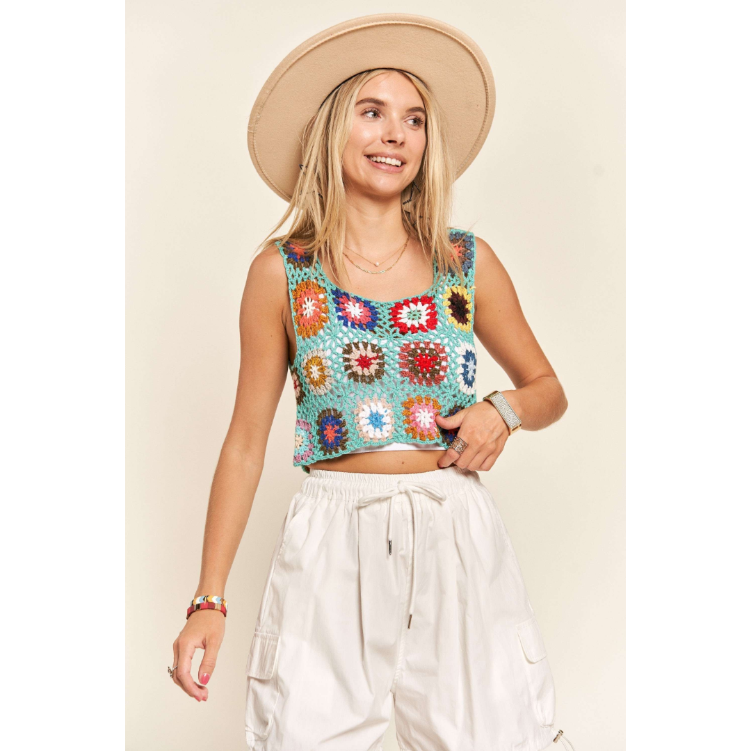 Buy blue Multi-Color Crochet Crop Tank Top