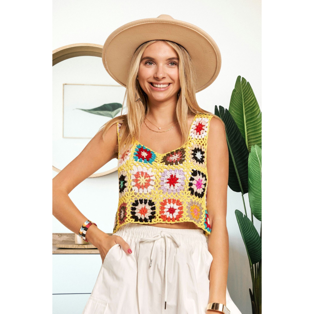 Buy yellow Multi-Color Crochet Crop Tank Top
