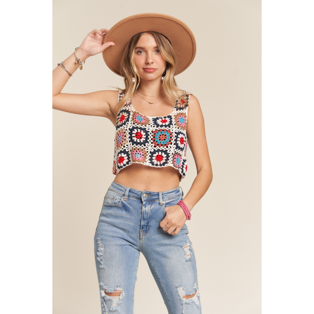 Multi-Color Crochet Crop Tank Top