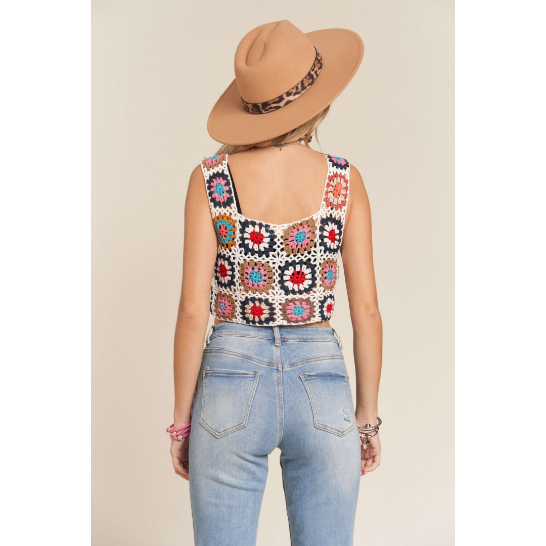 Multi-Color Crochet Crop Tank Top - 0