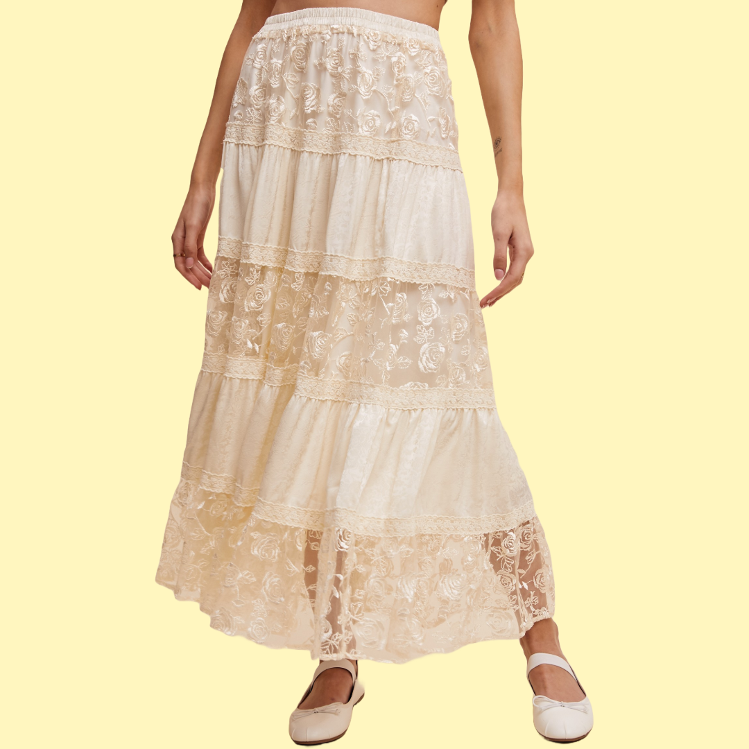 Floral Embroidered Tiered Maxi Skirt
