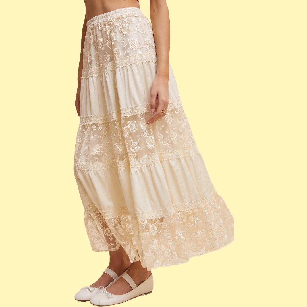 Floral Embroidered Tiered Maxi Skirt