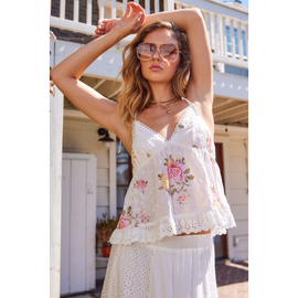 A female model wearing a white sleeveless top with a floral pattern and eyelet details, paired with a white skirt, sunglasses, and a watch.
