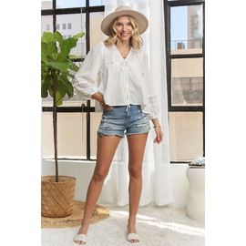 Buy white Solid Long Sleeve Peasant Blouse – Cotton Linen Blend