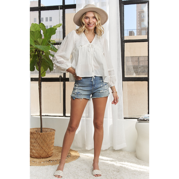Buy white Solid Long Sleeve Peasant Blouse – Cotton Linen Blend