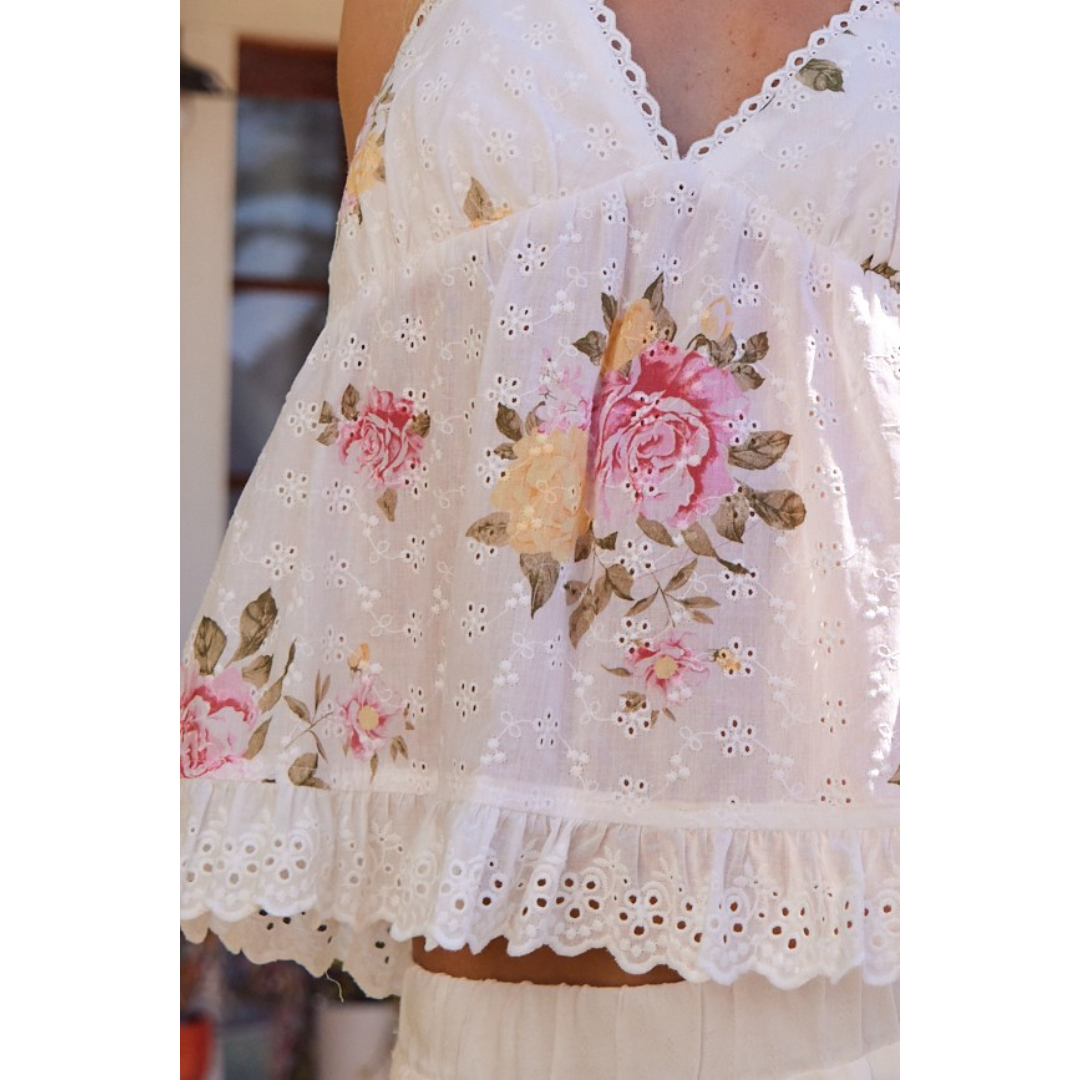 Printed Eyelet Flowy Top