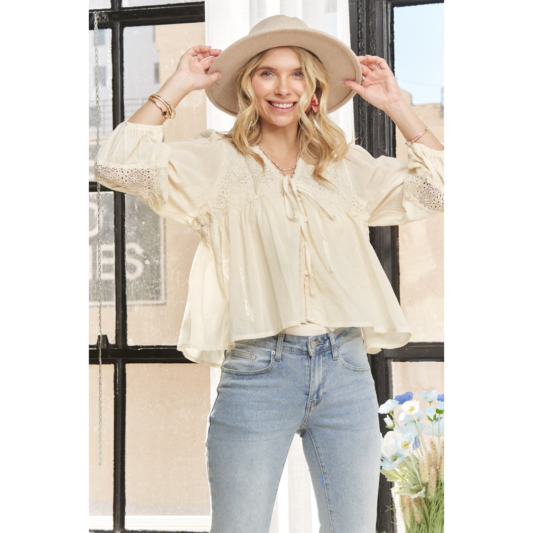 Solid Long Sleeve Knit Peasant Blouse