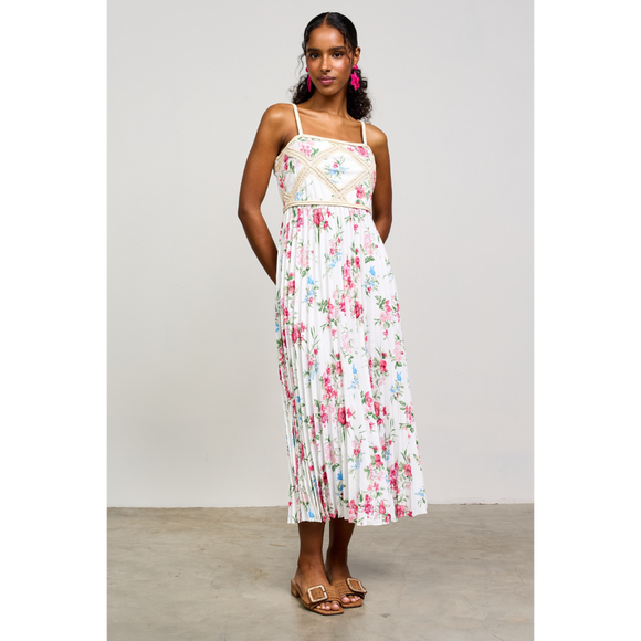 Printed Crochet Patch Pleated Dress