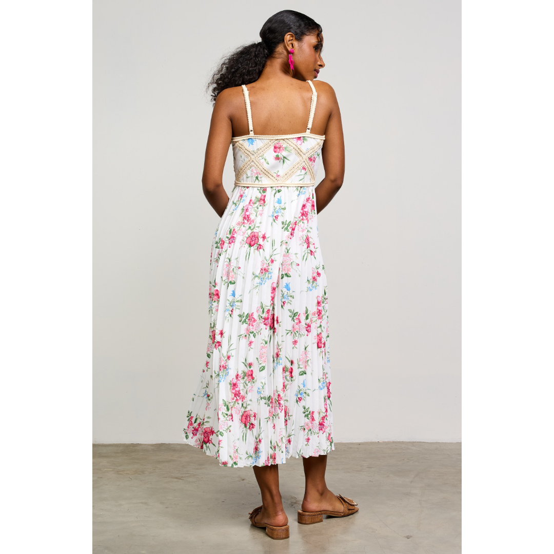 Printed Crochet Patch Pleated Dress - 0