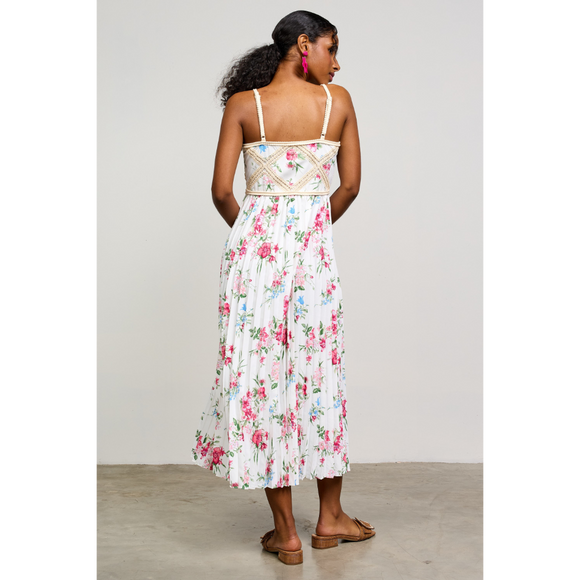 Printed Crochet Patch Pleated Dress