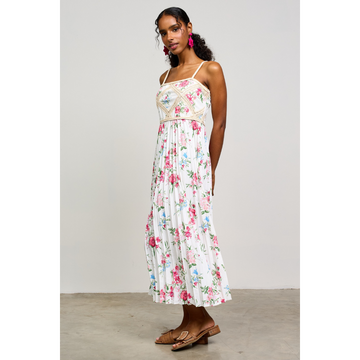 Printed Crochet Patch Pleated Dress