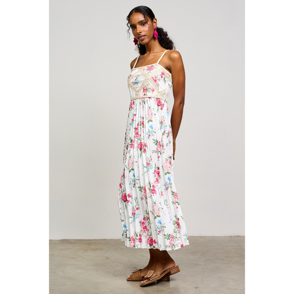 Printed Crochet Patch Pleated Dress