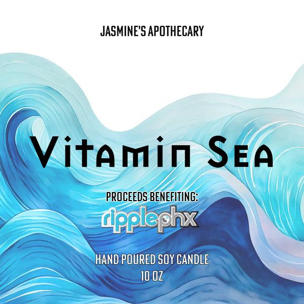 Ocean-inspired candle label for Jasmine’s Apothecary Vitamin Sea Candle. Proceeds benefit RipplePHX