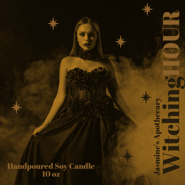 Gothic woman in black dress with smoke and stars, Witching Hour hand-poured soy candle 10 oz