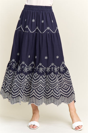 Buy navy Embroidered Tiered Midi Skirt