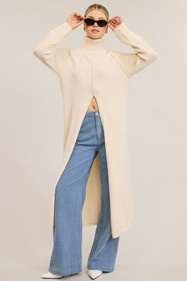 Buy white Turtleneck Tunic Sweater Dress with Front Slit
