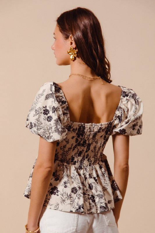 Floral Babydoll Corset Blouse with Puff Sleeves