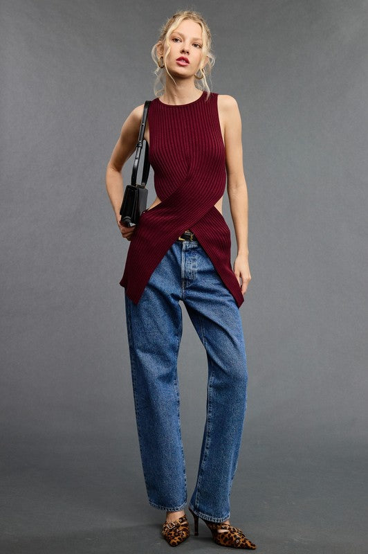 Criss-Cross Waist Wrap Cut-Out Sweater Top