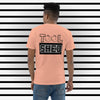 Peach Colored Short Sleeve T-Shirt. The word "TOOL" written across shoulders with the "O's" replaced with outline of peaches. The word sits on top of a black box with the word "SHED" done in a white outline written in the box.