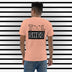 Peach Colored Short Sleeve T-Shirt. The word "TOOL" written across shoulders with the "O's" replaced with outline of peaches. The word sits on top of a black box with the word "SHED" done in a white outline written in the box.