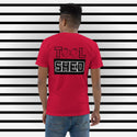 Red Short Sleeve T-Shirt. The word "TOOL" written across shoulders with the "O's" replaced with outline of peaches. The word sits on top of a black box with the word "SHED" done in a white outline written in the box.