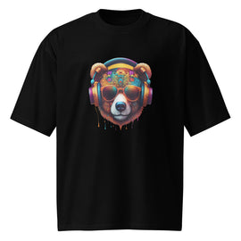 Sugar skull bear wearing headphones graphic on oversized black EDM streetwear t-shirt