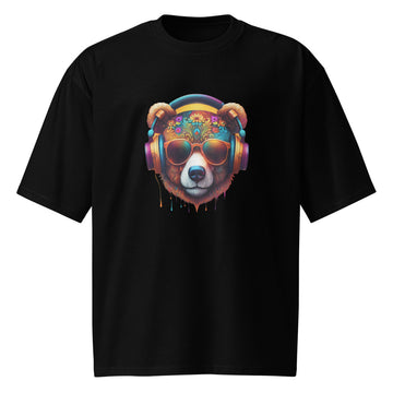 Sugar skull bear wearing headphones graphic on oversized black EDM streetwear t-shirt