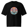 Sugar skull bear surrounded by crashing ocean waves on oversized black streetwear t-shirt.