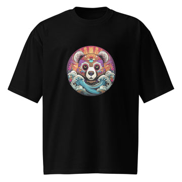 Sugar skull bear surrounded by crashing ocean waves on oversized black streetwear t-shirt.