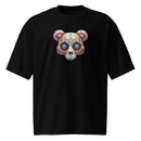 Minimalist sugar skull bear face design with bold colors on oversized black heritage streetwear t-shirt