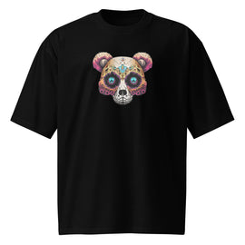 Minimalist sugar skull bear face design with bold colors on oversized black heritage streetwear t-shirt