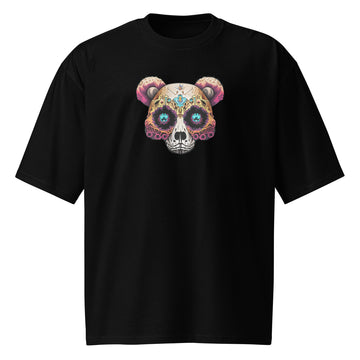 Minimalist sugar skull bear face design with bold colors on oversized black heritage streetwear t-shirt