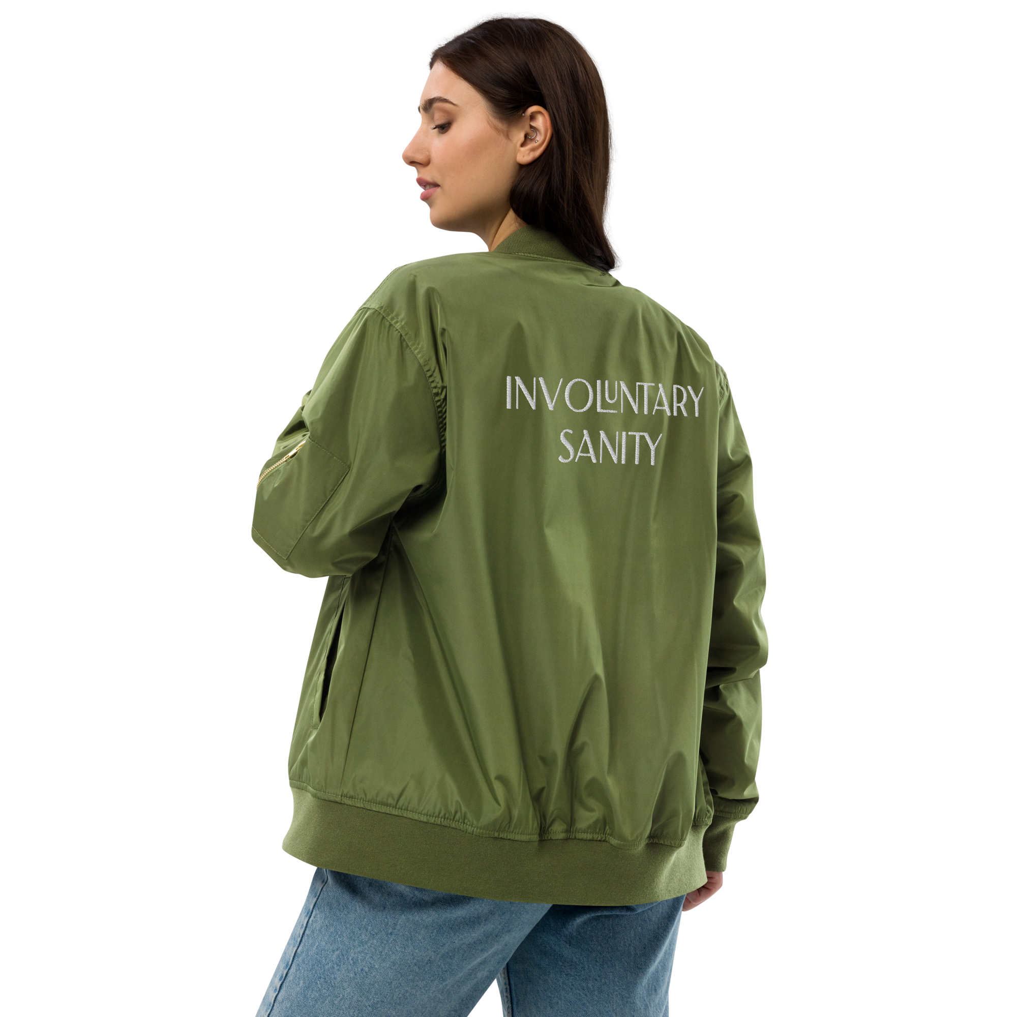 "Involuntary Sanity" by Book of Rico:74™ recycled bomber jacket