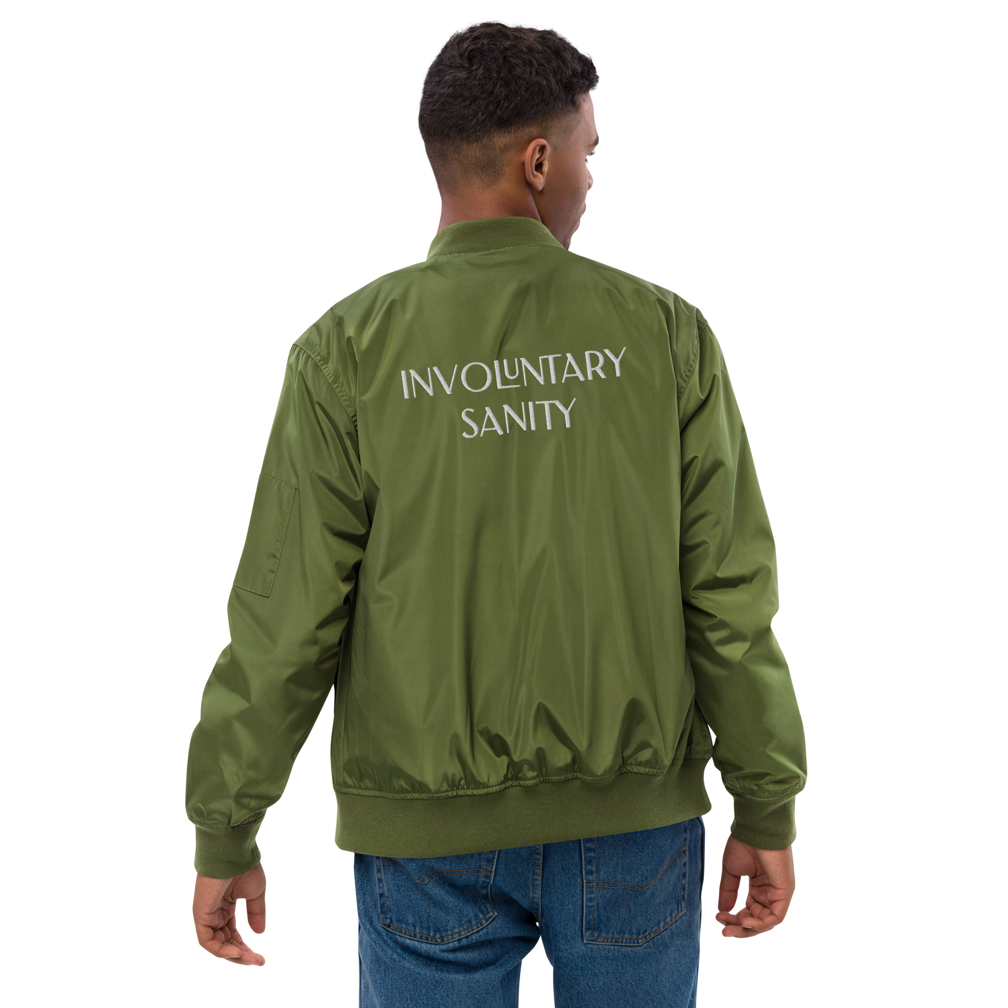 "Involuntary Sanity" by Book of Rico:74™ recycled bomber jacket