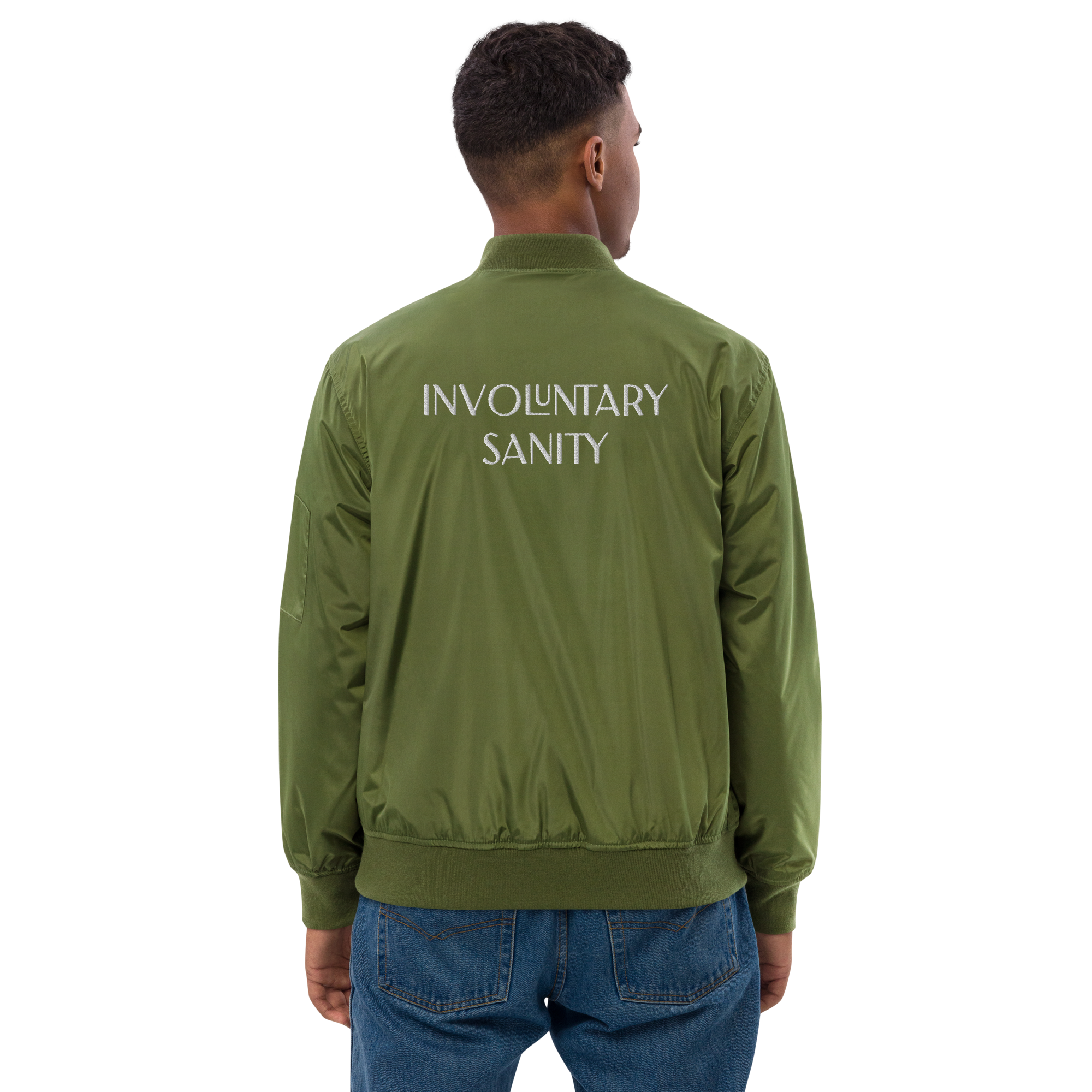 "Involuntary Sanity" by Book of Rico:74™ recycled bomber jacket