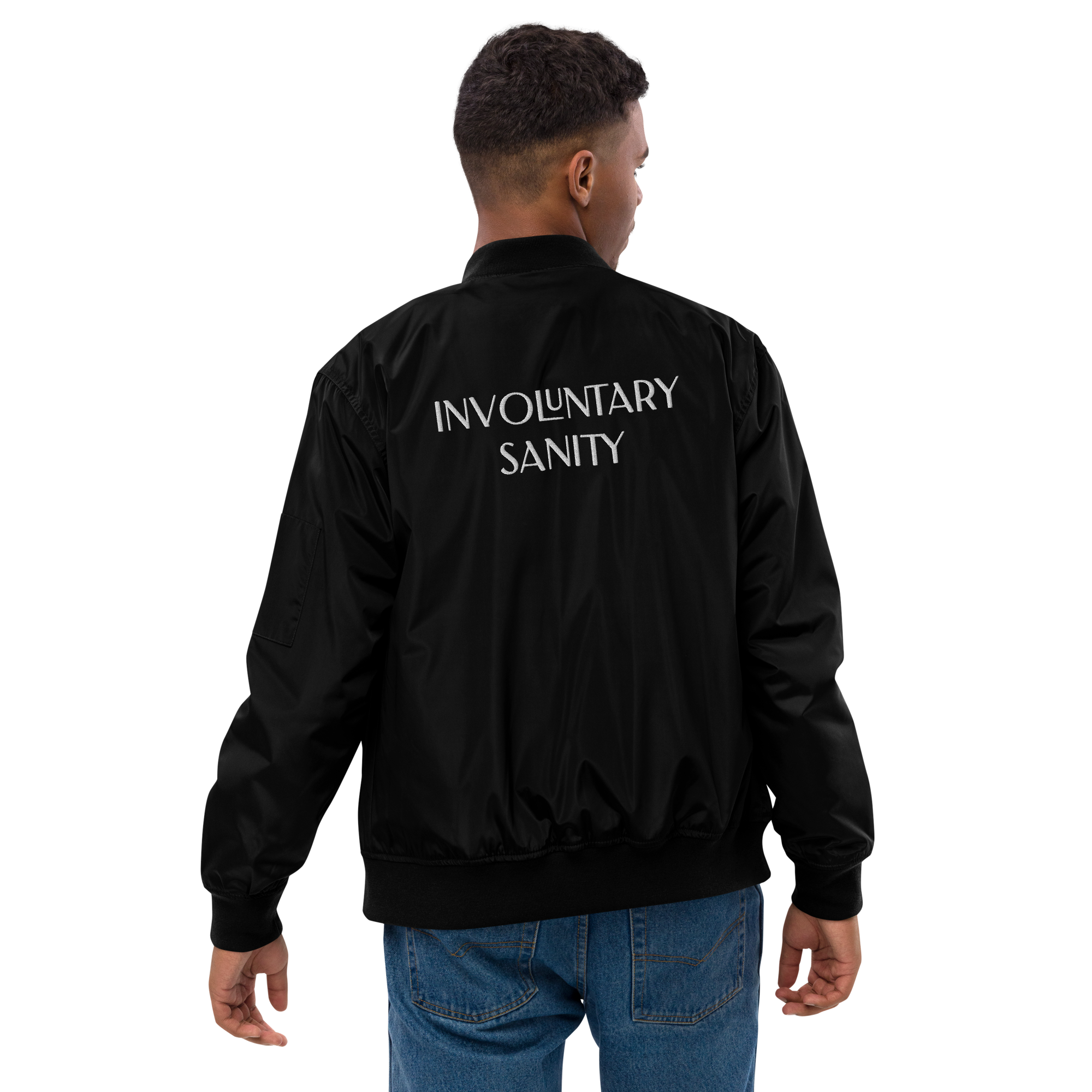 "Involuntary Sanity" by Book of Rico:74™ recycled bomber jacket