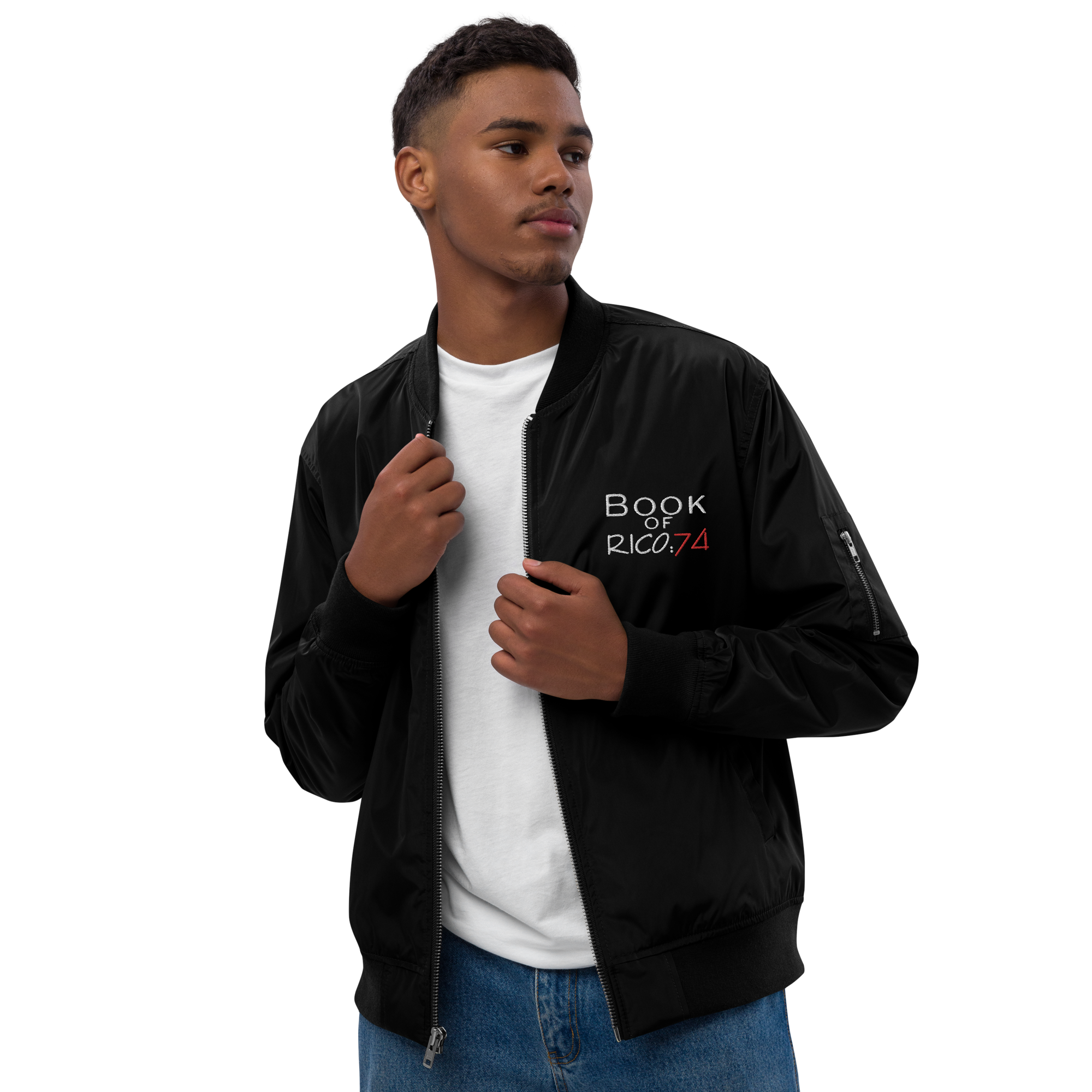 "Involuntary Sanity" by Book of Rico:74™ recycled bomber jacket