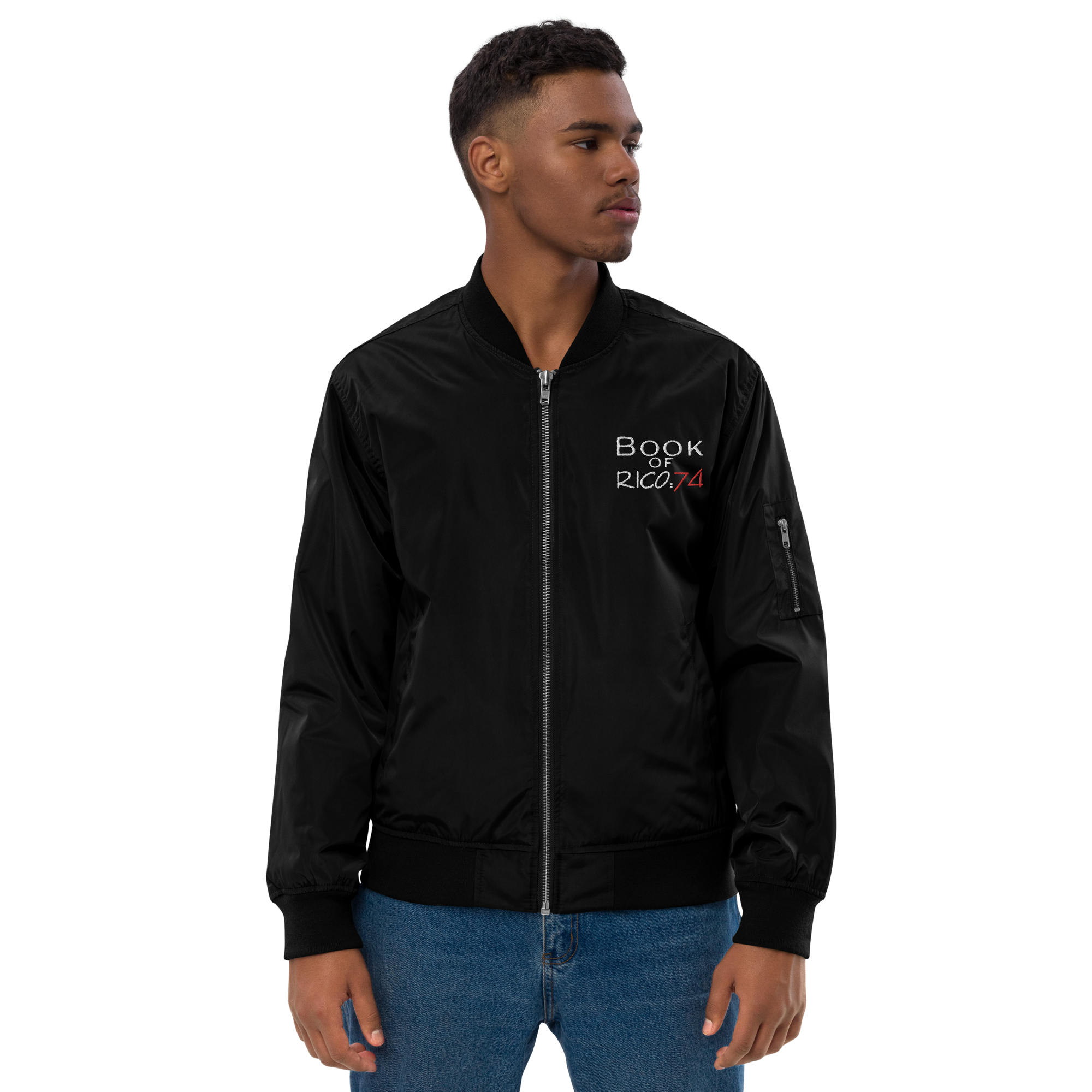 "Involuntary Sanity" by Book of Rico:74™ recycled bomber jacket