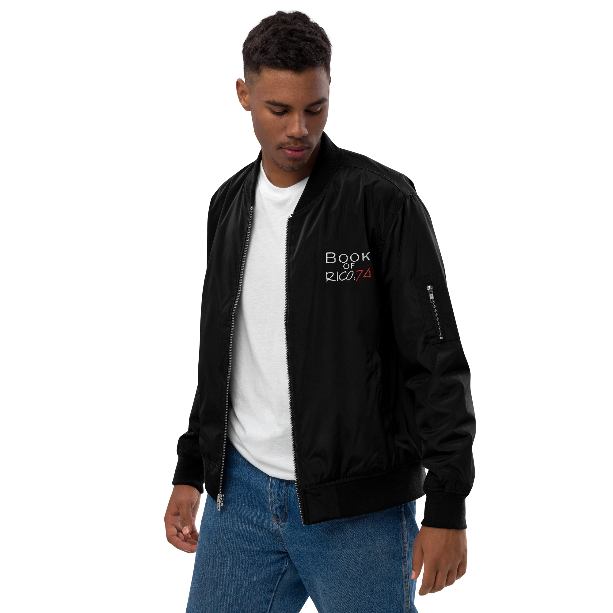 "Involuntary Sanity" by Book of Rico:74™ recycled bomber jacket